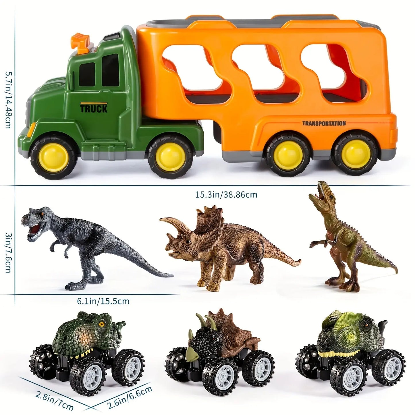Baby Home Dinosaurs & Truck Toys Transport Car With 3 Dino Figures & 3 Monster Cars, Friction Toy Vehicle In Carrier Truck With Light & Sound, Play Gift Set Halloween, Christmas Gift WardBoyzPROShop