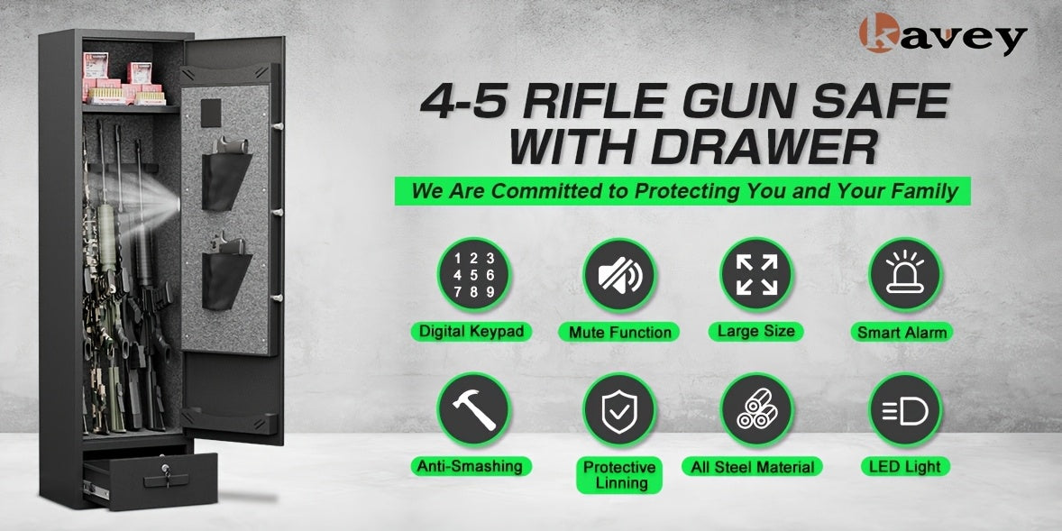 Kavey 4-5 Firearm Safe Cabinet, Security Safe for Rifles and Shotguns, with Combination Lock, LED Interior Lighting, Quick Access Drawer, and Removable Shelves, for Home - Non-Waterproof, Dry Battery Powered (Battery Not Incl WardBoyzPROShop