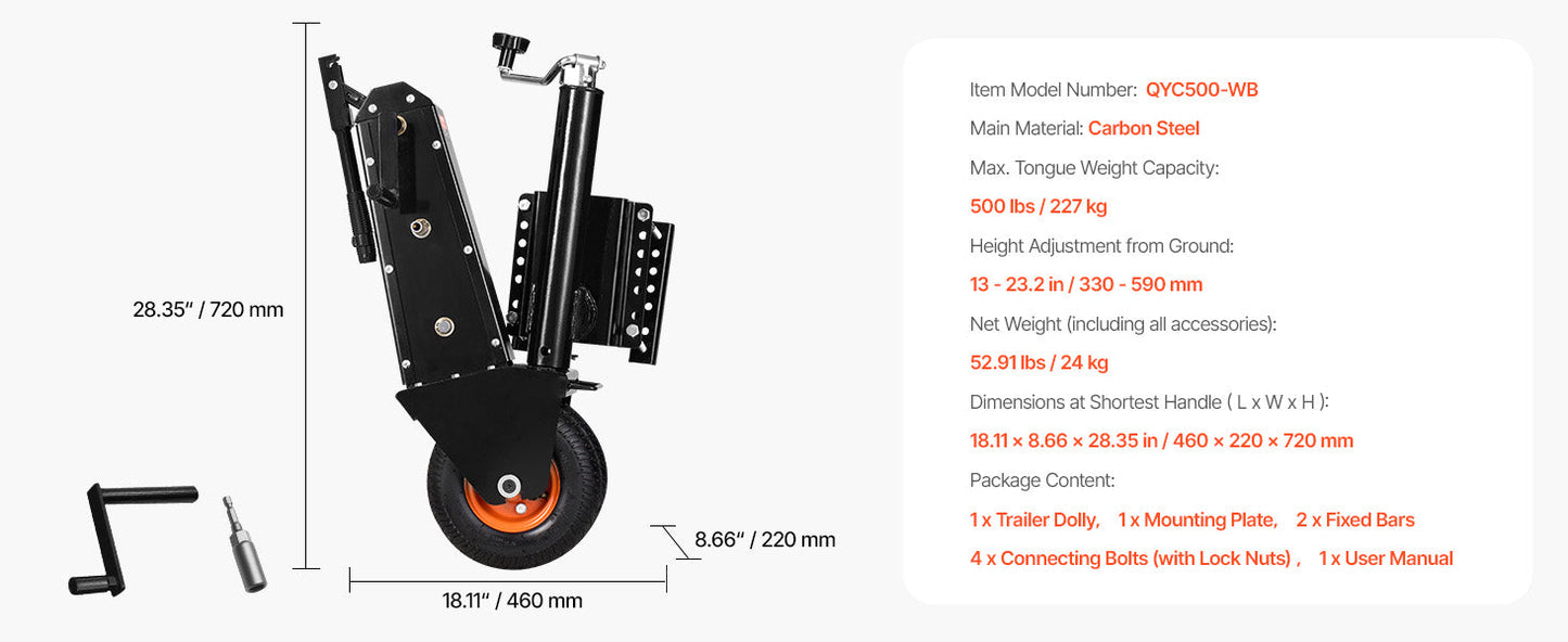 VEVOR 500lbs Tongue Boat Trailer Dolly 13in-23.2in Height Adjustable Manual or Electric Wrench Drive RVs Mover for Cargo Moving WardBoyzPROShop