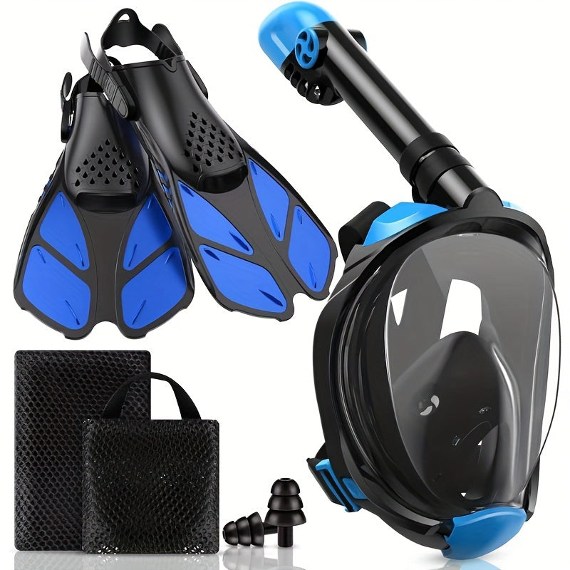 [Panoramic View Snorkel Mask Set] Full Face Snorkel Mask & Adjustable Swim Fins Snorkel Set - Panoramic View Dry Top System Anti-Fog Anti-Leak Mask Fins Snorkeling Gear for Adults WardBoyzPROShop