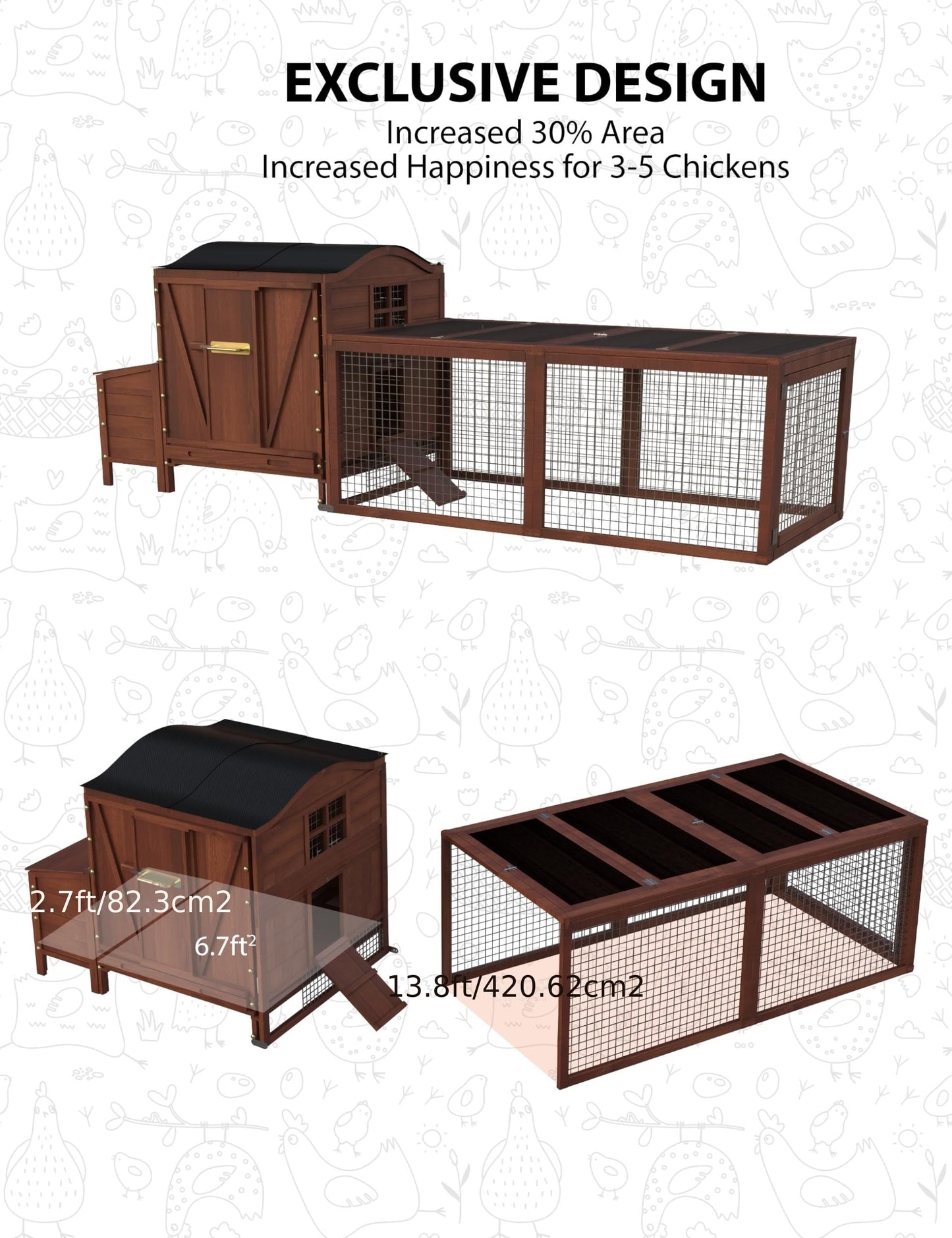 Extra Large 106in Red Train Design Outdoor Wooden Chicken Coop - Spacious Hen House for 3-5 Chickens with Weather-Resistant Roof, Large Nesting Box, Play Run, Pull-Out Trays, and Ramp - Durable, Easy to Clean, and Predator-Pr WardBoyzPROShop