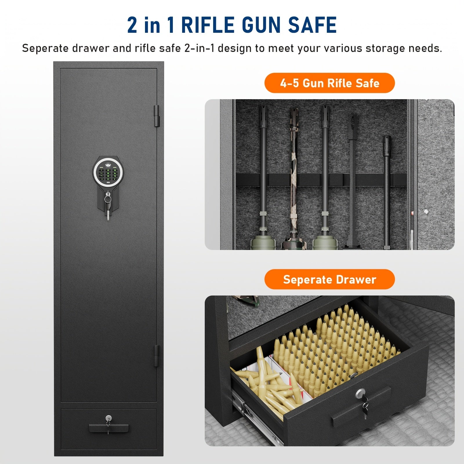 Kavey 4-5 Firearm Safe Cabinet, Security Safe for Rifles and Shotguns, with Combination Lock, LED Interior Lighting, Quick Access Drawer, and Removable Shelves, for Home - Non-Waterproof, Dry Battery Powered (Battery Not Incl WardBoyzPROShop