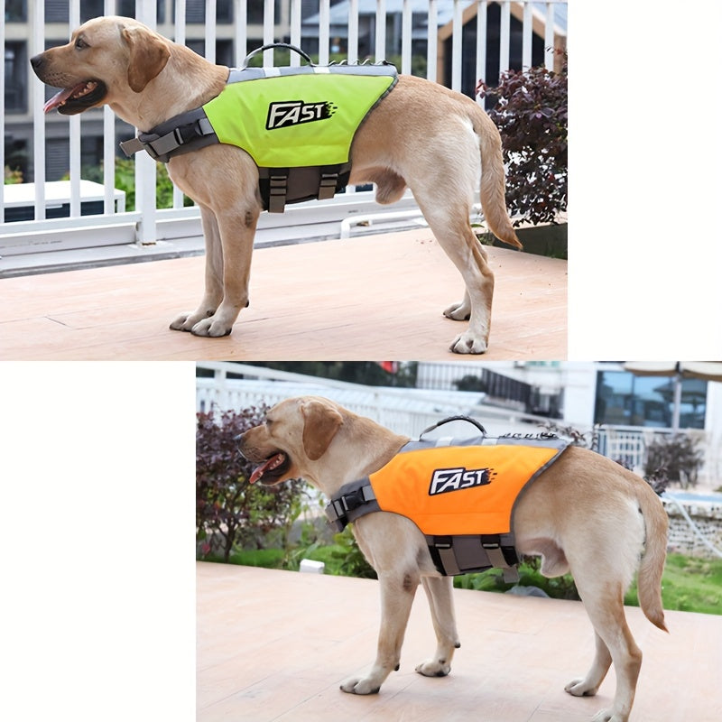 High-Visibility Orange Dog Life Jacket with Gray Accents - Durable Polyester, Adjustable Safety Swim Vest for All Dog Sizes with Easy-Wear Straps & Large "FAST" Print - Perfect for Summer Beach & Pool Activities, Beach Safety WardBoyzPROShop