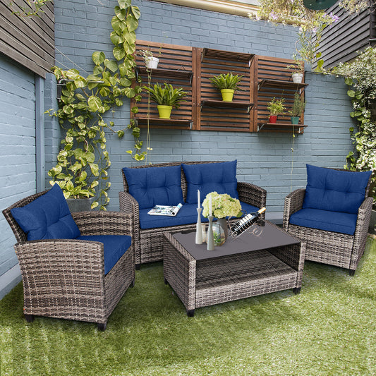 SAFSTAR 4 PCS Patio Rattan Furniture Set Coffee Table Cushioned Sofa Garden Lawn Navy WardBoyzPROShop