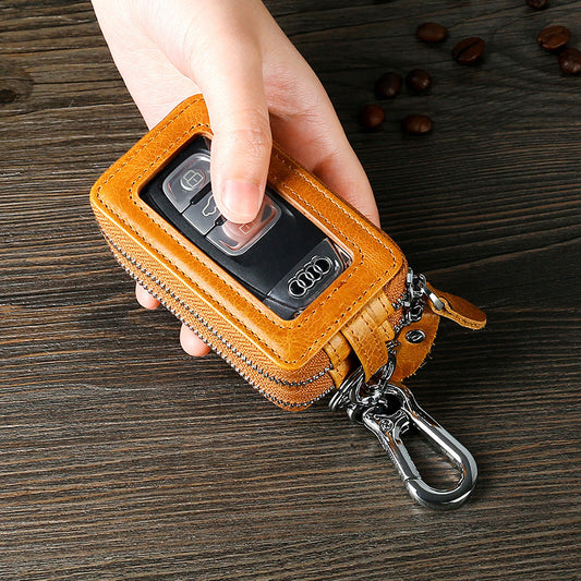 Amazon Genuine Leather Men's Car Key Case Oil Wax Leather Double Layer Zipper Key Case European and American Transparent Key Case