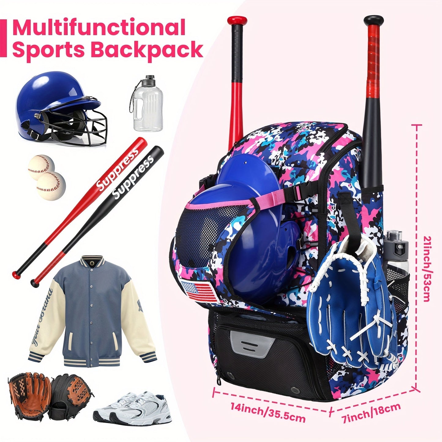 Large Capacity Baseball Backpack Softball Bag, External Helmet Holder And Fence Hook Baseball Backpack, With Shoes Compartment, - Holds Bats, Helmets, Gloves, Hats, Clothes, And Shoes For Baseball And Softball Players WardBoyzPROShop