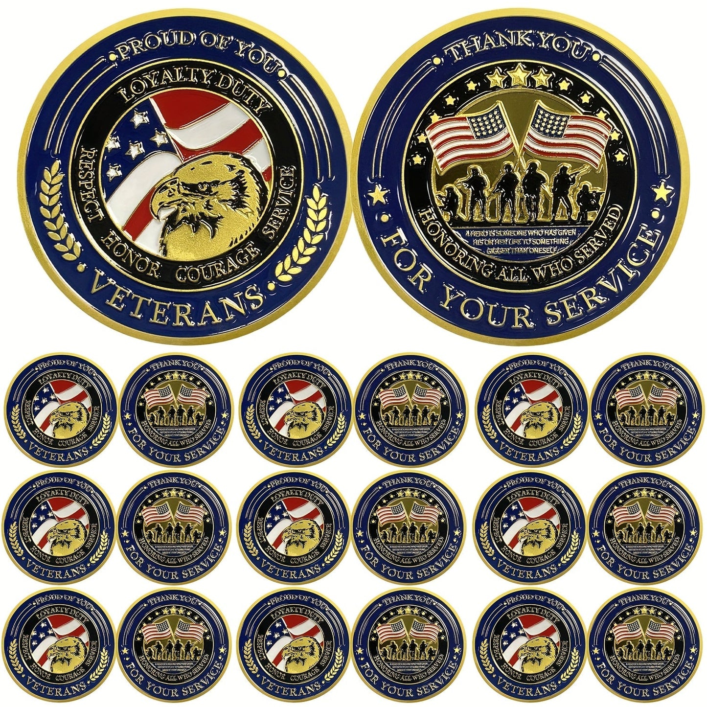 Bulk Patriotic Thank You for Your Service Challenge Coins - 1.57 Inch Golden Solid Metal Commemorative Coins with "Proud of You" & Military Service Design, Navy Blue & Golden Stars, Laurel Branches - Memorial Day, Independenc WardBoyzPROShop