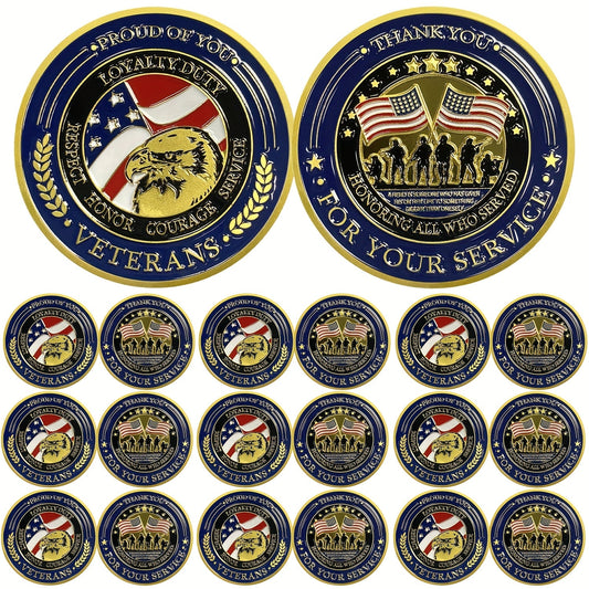 Bulk Patriotic Thank You for Your Service Challenge Coins - 1.57 Inch Golden Solid Metal Commemorative Coins with "Proud of You" & Military Service Design, Navy Blue & Golden Stars, Laurel Branches - Memorial Day, Independenc WardBoyzPROShop
