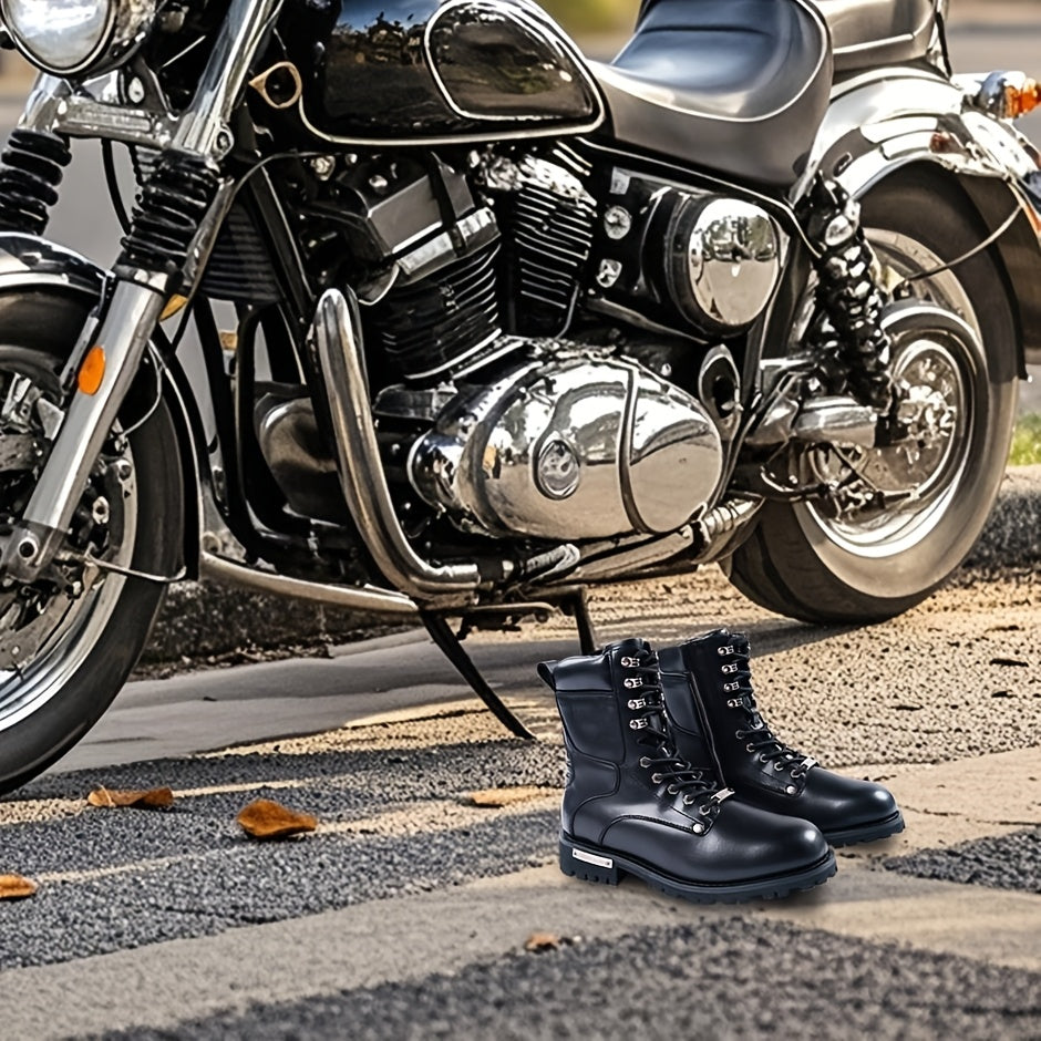 Black Faux PU Leather Motorcycle Boots with Side Zipper, Lace Up Ankle Booties, Low Heel Military Combat Boots for Riding Biker