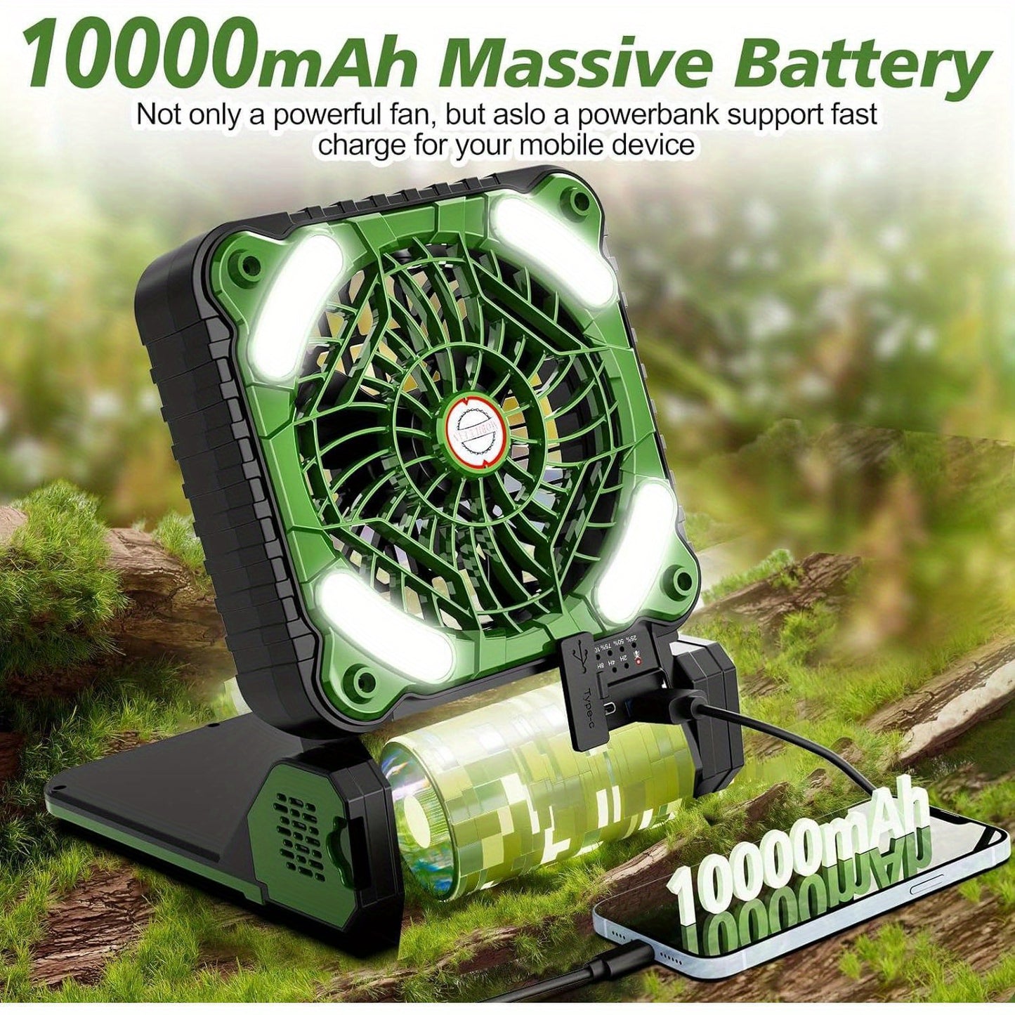 10000mAh Rechargeable Solar Powered Fan Plus - 4 Speeds Powerful Wind, LED Lantern, 4 Timer, Portable and Compact Design for Camping, Picnic, Hurricane, Fishing, Travel, and Outdoor Activities