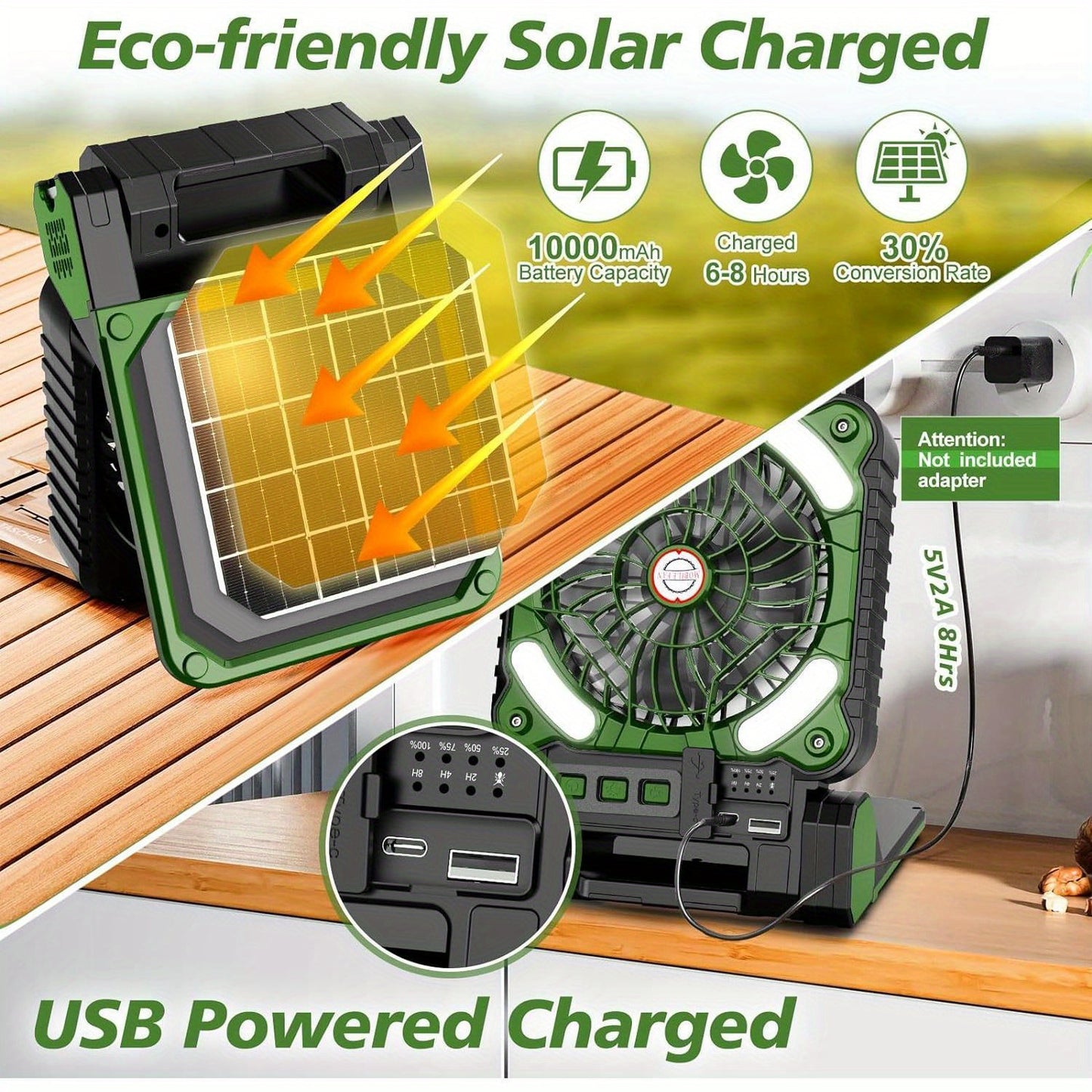 10000mAh Rechargeable Solar Powered Fan Plus - 4 Speeds Powerful Wind, LED Lantern, 4 Timer, Portable and Compact Design for Camping, Picnic, Hurricane, Fishing, Travel, and Outdoor Activities