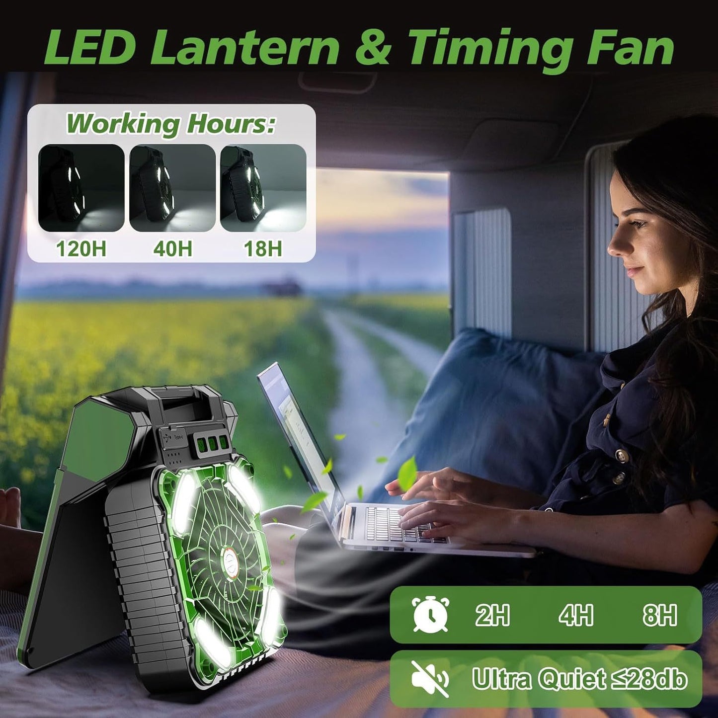 10000mAh Rechargeable Solar Powered Fan Plus - 4 Speeds Powerful Wind, LED Lantern, 4 Timer, Portable and Compact Design for Camping, Picnic, Hurricane, Fishing, Travel, and Outdoor Activities