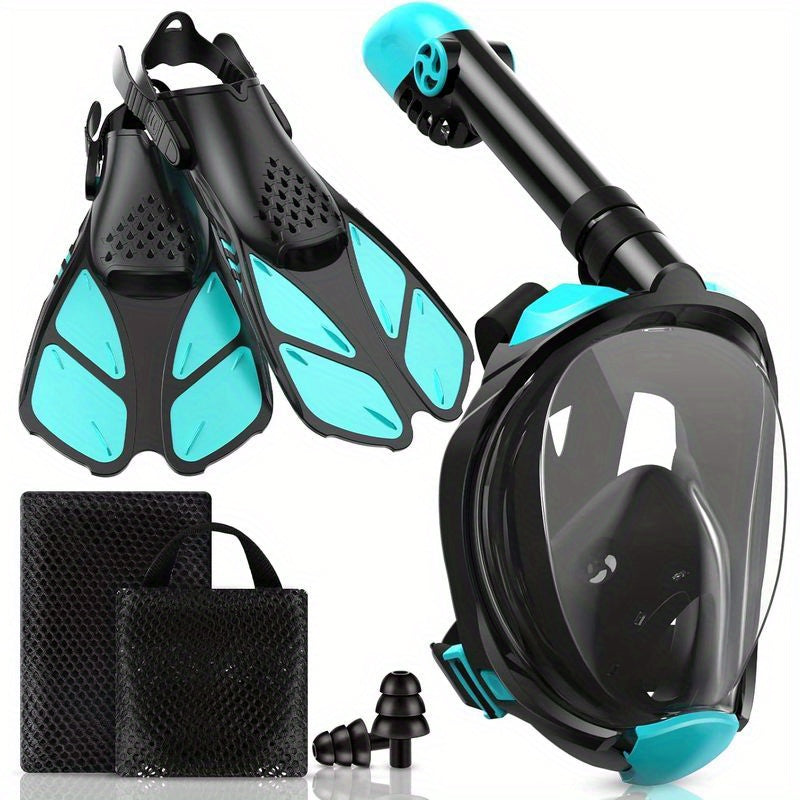[Panoramic View Snorkel Mask Set] Full Face Snorkel Mask & Adjustable Swim Fins Snorkel Set - Panoramic View Dry Top System Anti-Fog Anti-Leak Mask Fins Snorkeling Gear for Adults WardBoyzPROShop