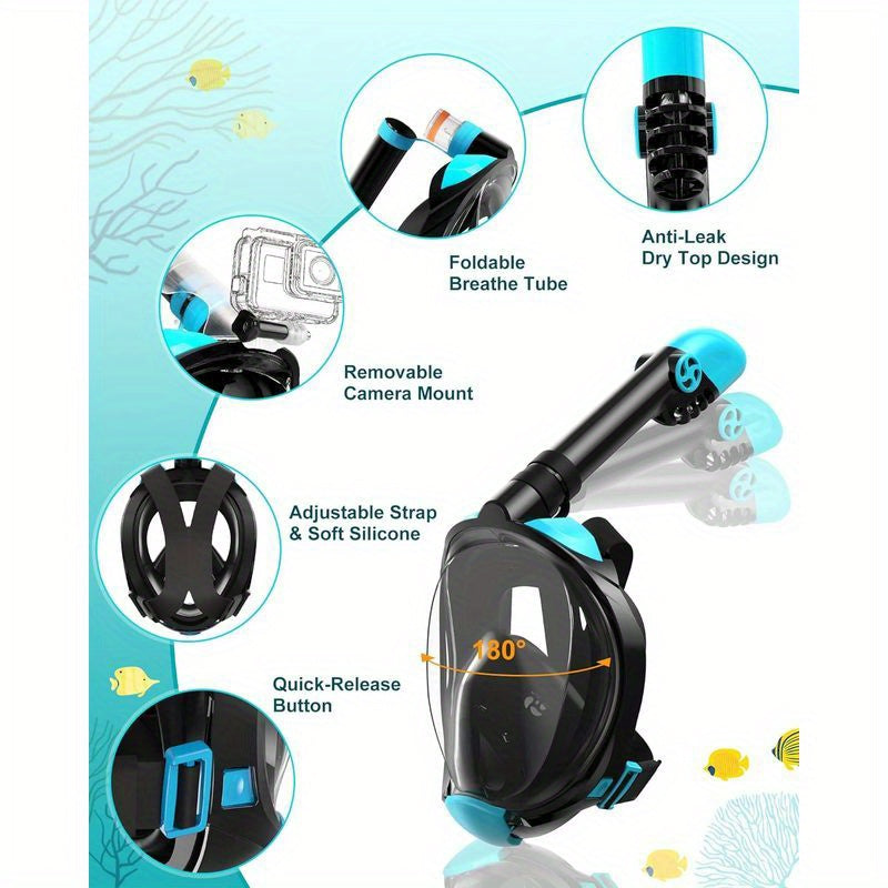 [Panoramic View Snorkel Mask Set] Full Face Snorkel Mask & Adjustable Swim Fins Snorkel Set - Panoramic View Dry Top System Anti-Fog Anti-Leak Mask Fins Snorkeling Gear for Adults WardBoyzPROShop