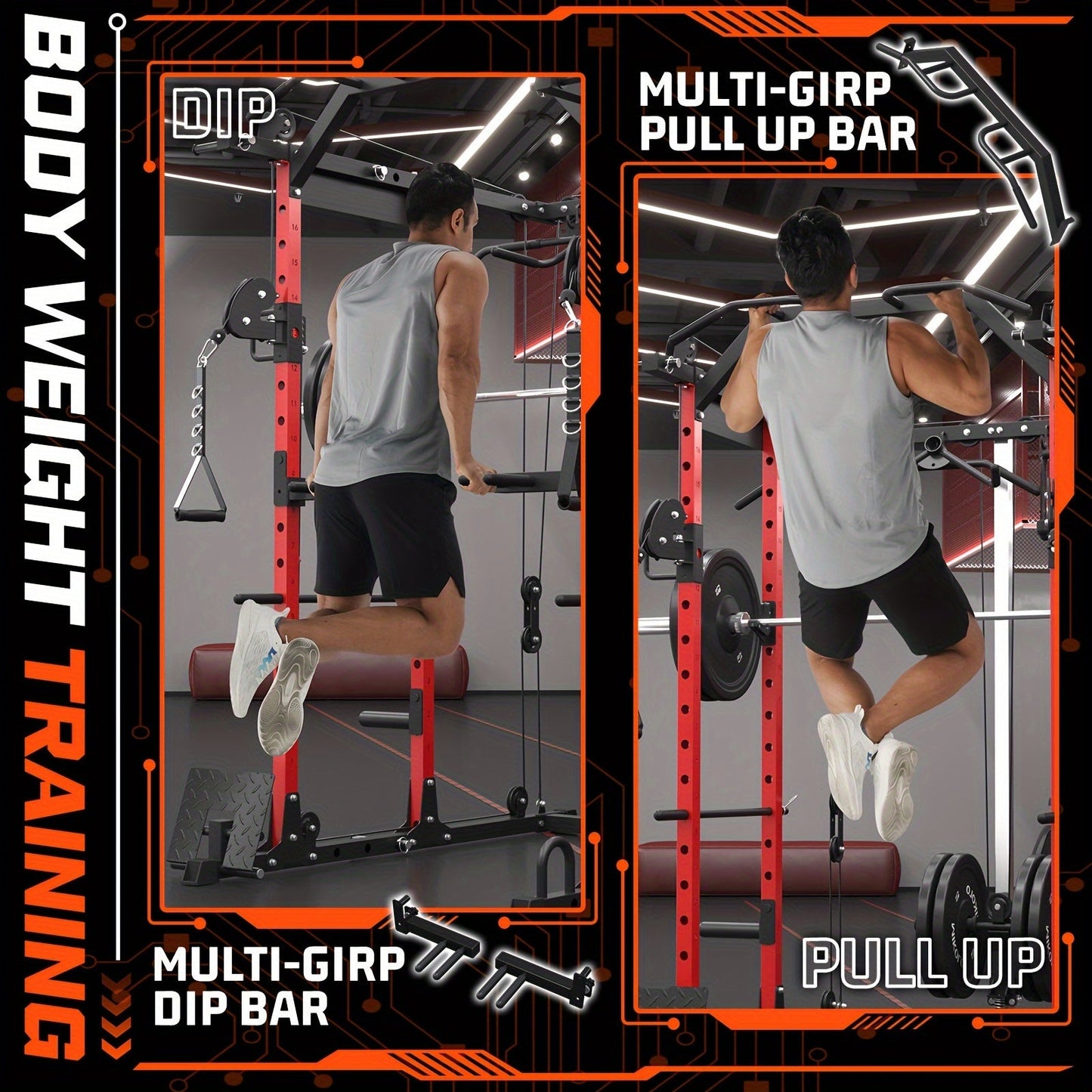 Ultimate Power Rack Cage - 8-in-1 Multi-Functional Squat Rack with 1500lb Capacity, Cable Crossover Machine, J-Hooks, Dip Bars, and Landmine - Comprehensive Plate-Loaded Home Gym Equipment for Full Body Workout (Red) WardBoyzPROShop