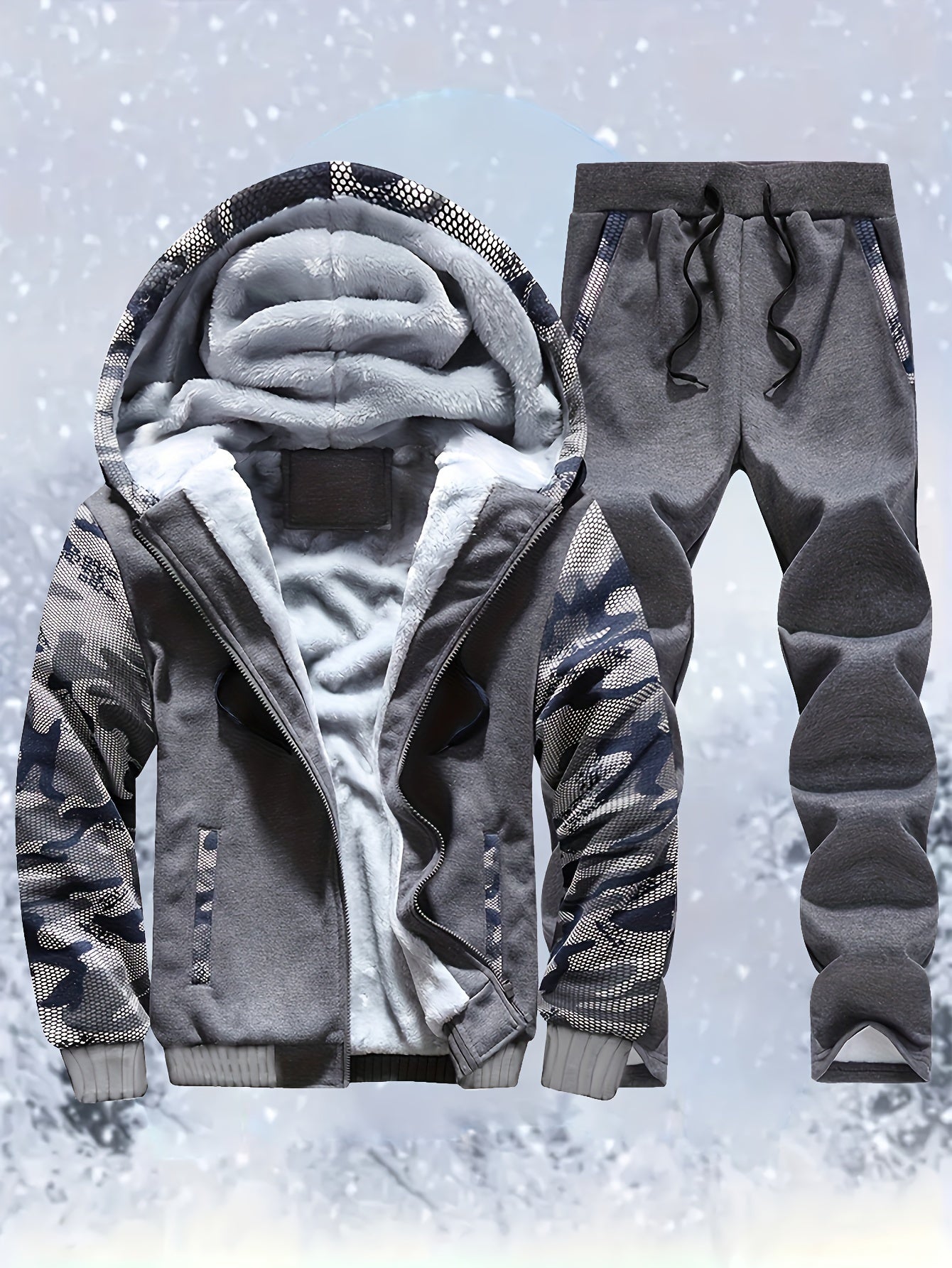 2 Pieces Men's Thermal Fleece-Lined Camo Zipper Hooded Jacket & Drawstring Pants Set for Autumn and Winter Daily Wear