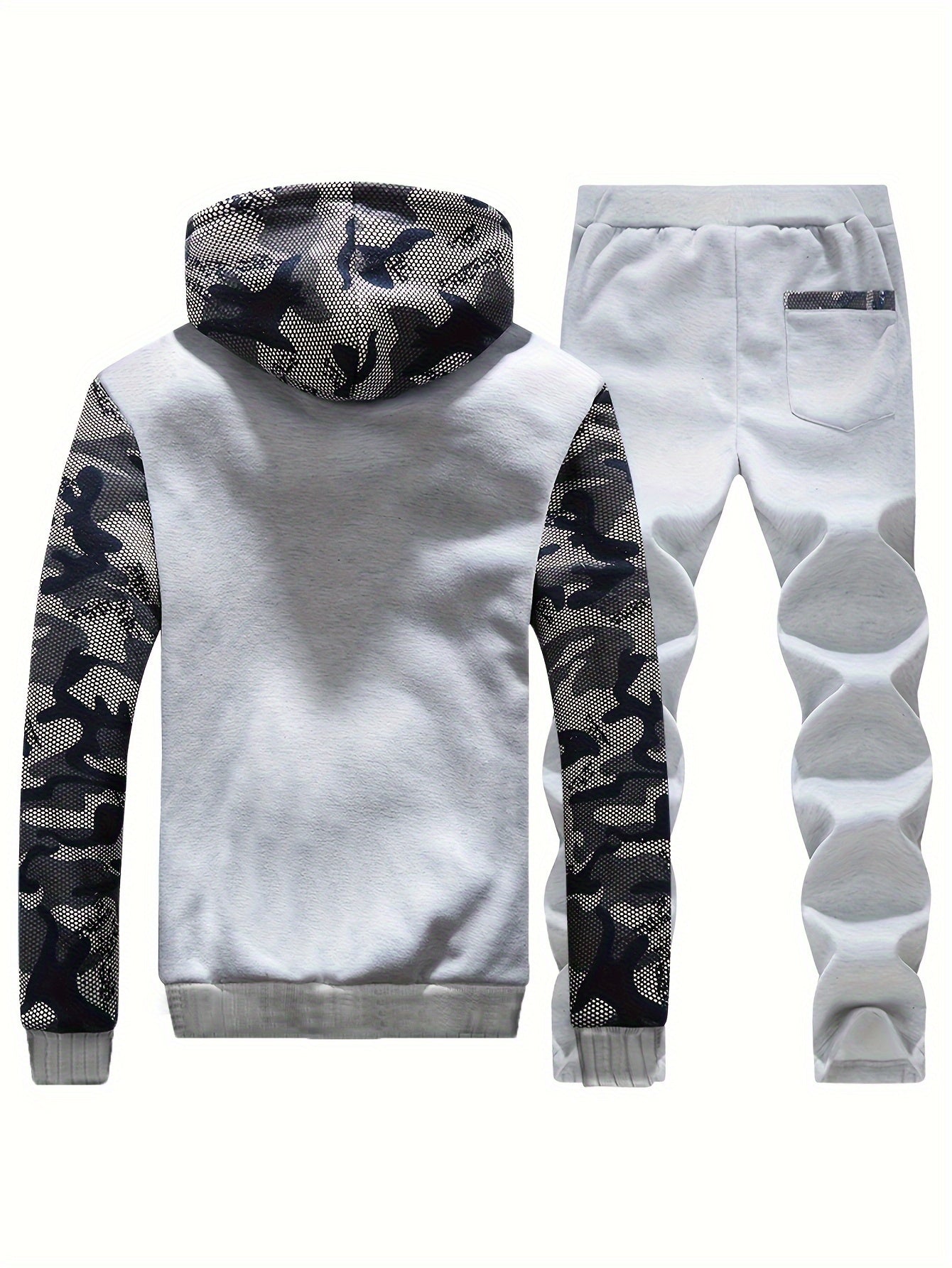 2 Pieces Men's Thermal Fleece-Lined Camo Zipper Hooded Jacket & Drawstring Pants Set for Autumn and Winter Daily Wear