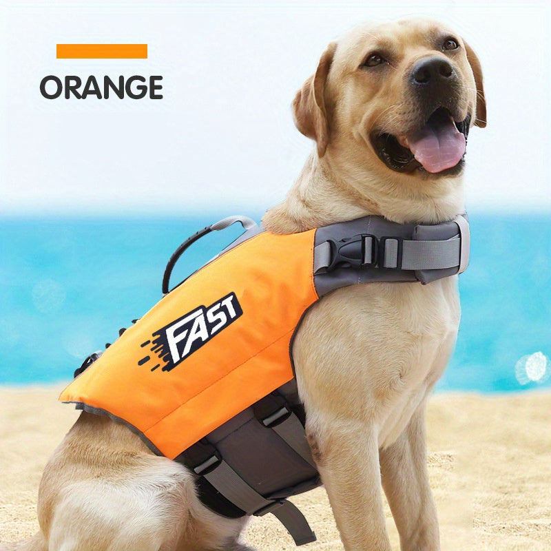 High-Visibility Orange Dog Life Jacket with Gray Accents - Durable Polyester, Adjustable Safety Swim Vest for All Dog Sizes with Easy-Wear Straps & Large "FAST" Print - Perfect for Summer Beach & Pool Activities, Beach Safety WardBoyzPROShop