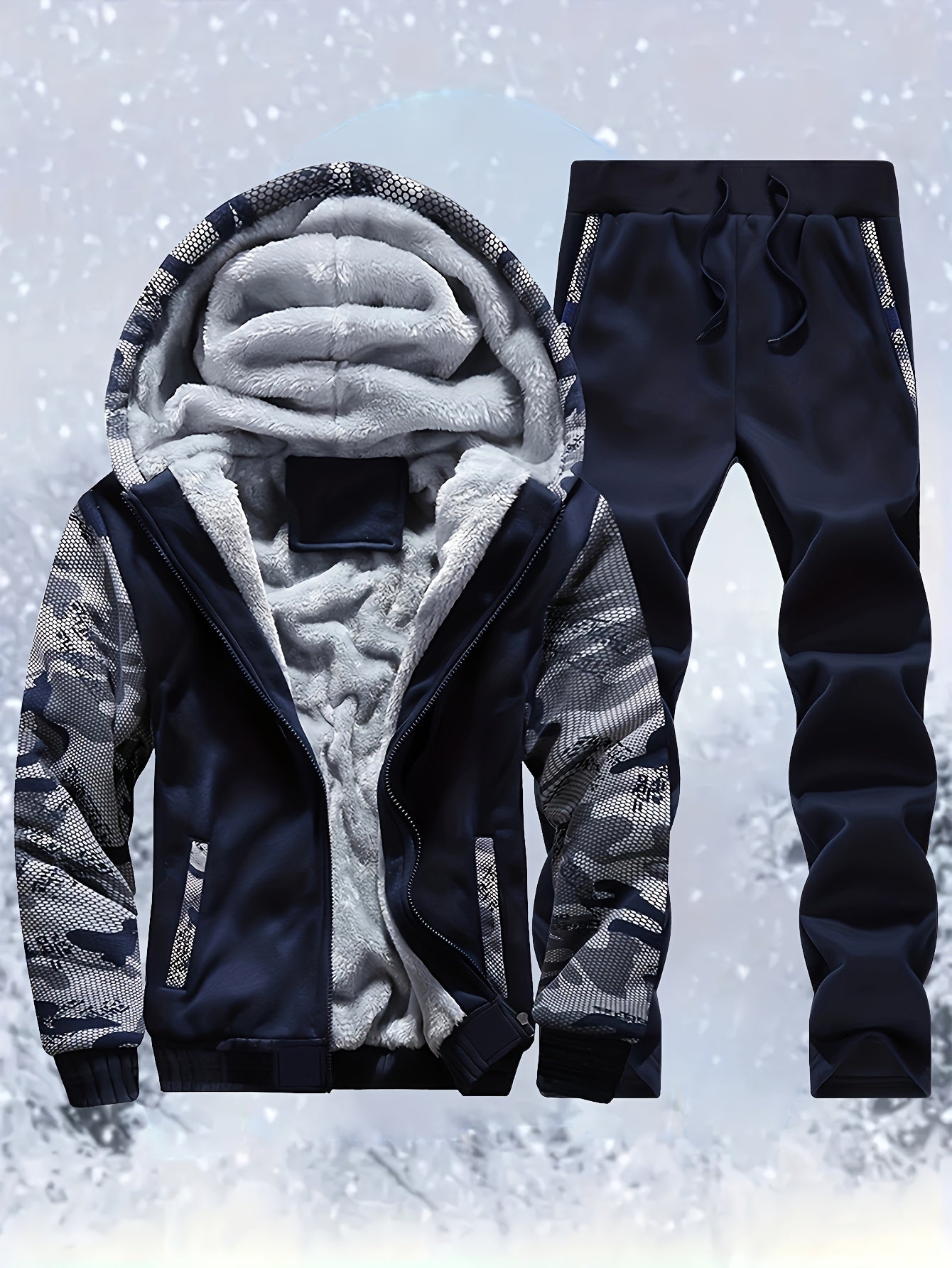 2 Pieces Men's Thermal Fleece-Lined Camo Zipper Hooded Jacket & Drawstring Pants Set for Autumn and Winter Daily Wear