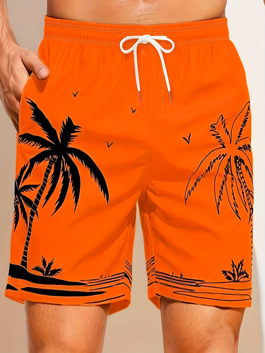 Quick Drying Mesh Lining Comfortable Breathable Palm Tree Pattern Drawstring Swim Trunks With 2 Pockets, Men's Pants Swimwear For Summer Vacation Resort Beach Pool WardBoyzPROShop