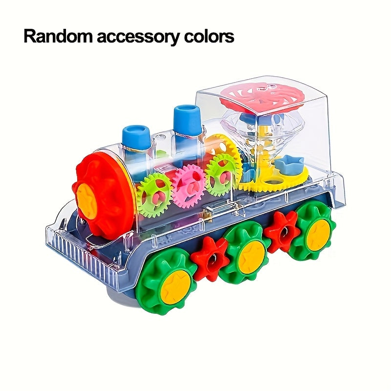 Transparent Small Train Head Gear Linkage Standing Rotating Toy Light Music Driving Christmas Holiday Toy Gift