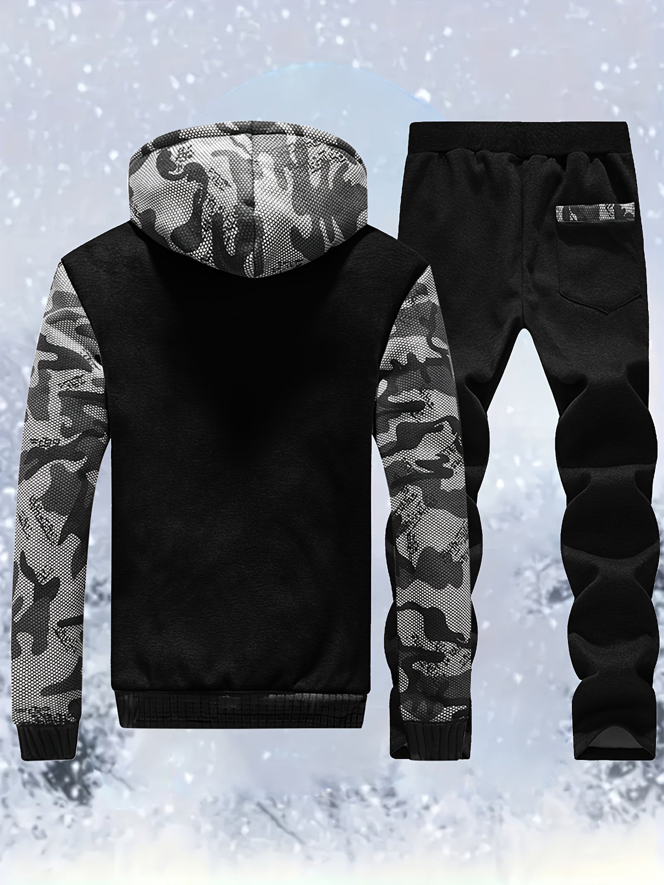 2 Pieces Men's Thermal Fleece-Lined Camo Zipper Hooded Jacket & Drawstring Pants Set for Autumn and Winter Daily Wear