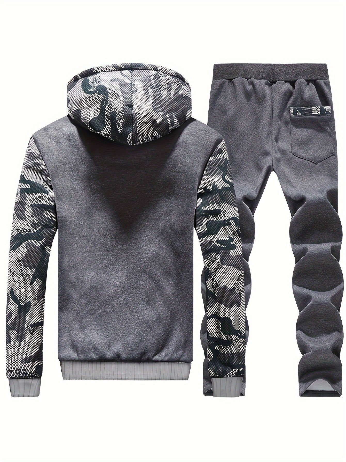 2 Pieces Men's Thermal Fleece-Lined Camo Zipper Hooded Jacket & Drawstring Pants Set for Autumn and Winter Daily Wear