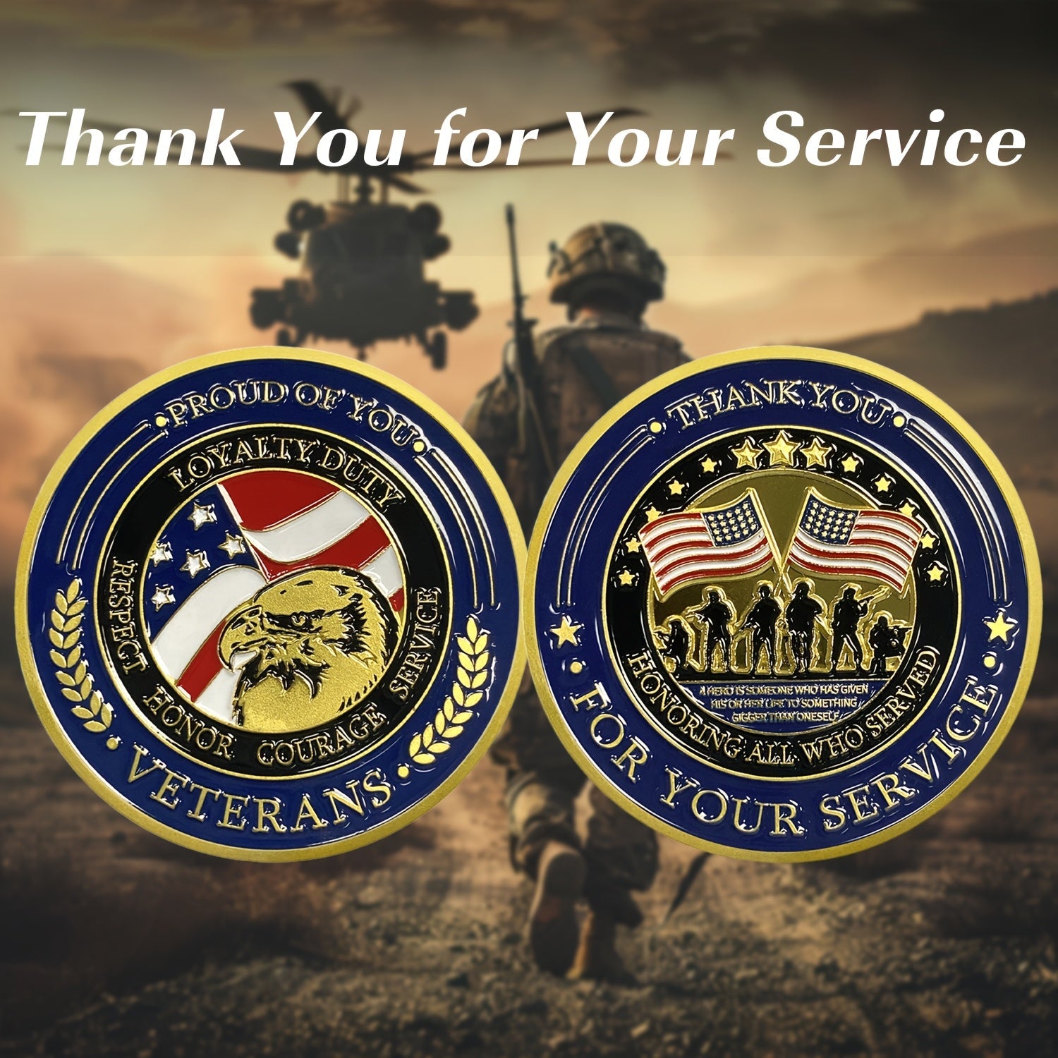 Bulk Patriotic Thank You for Your Service Challenge Coins - 1.57 Inch Golden Solid Metal Commemorative Coins with "Proud of You" & Military Service Design, Navy Blue & Golden Stars, Laurel Branches - Memorial Day, Independenc WardBoyzPROShop