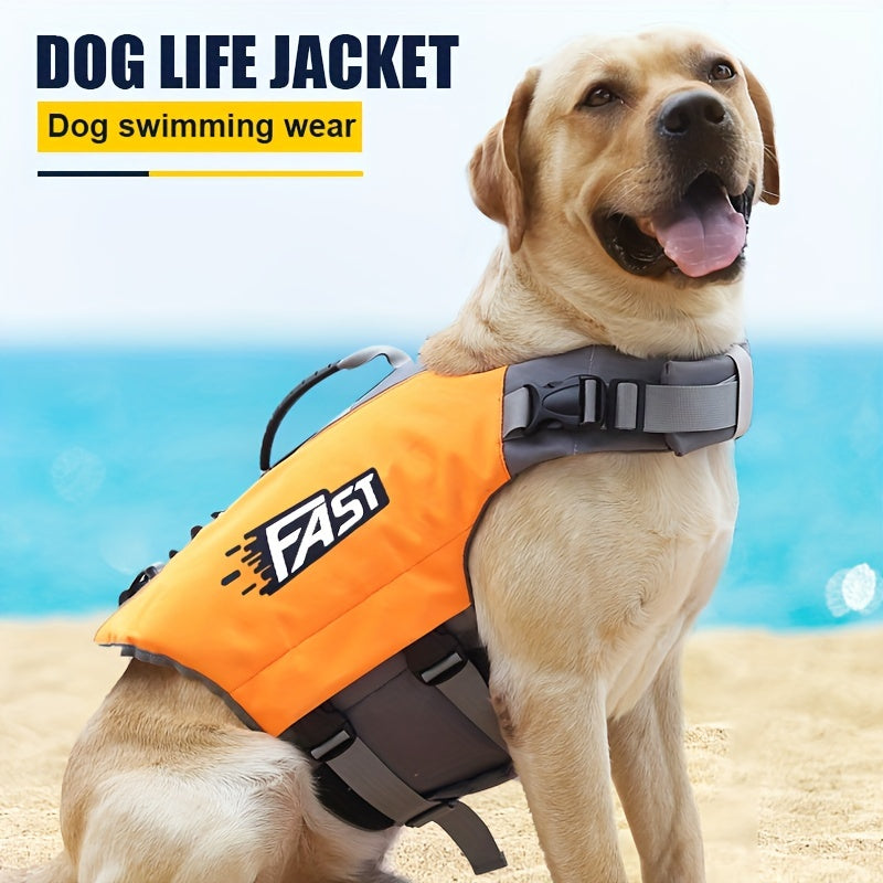 High-Visibility Orange Dog Life Jacket with Gray Accents - Durable Polyester, Adjustable Safety Swim Vest for All Dog Sizes with Easy-Wear Straps & Large "FAST" Print - Perfect for Summer Beach & Pool Activities, Beach Safety WardBoyzPROShop