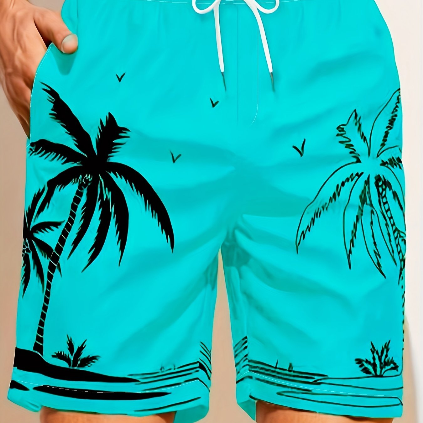 Quick Drying Mesh Lining Comfortable Breathable Palm Tree Pattern Drawstring Swim Trunks With 2 Pockets, Men's Pants Swimwear For Summer Vacation Resort Beach Pool WardBoyzPROShop