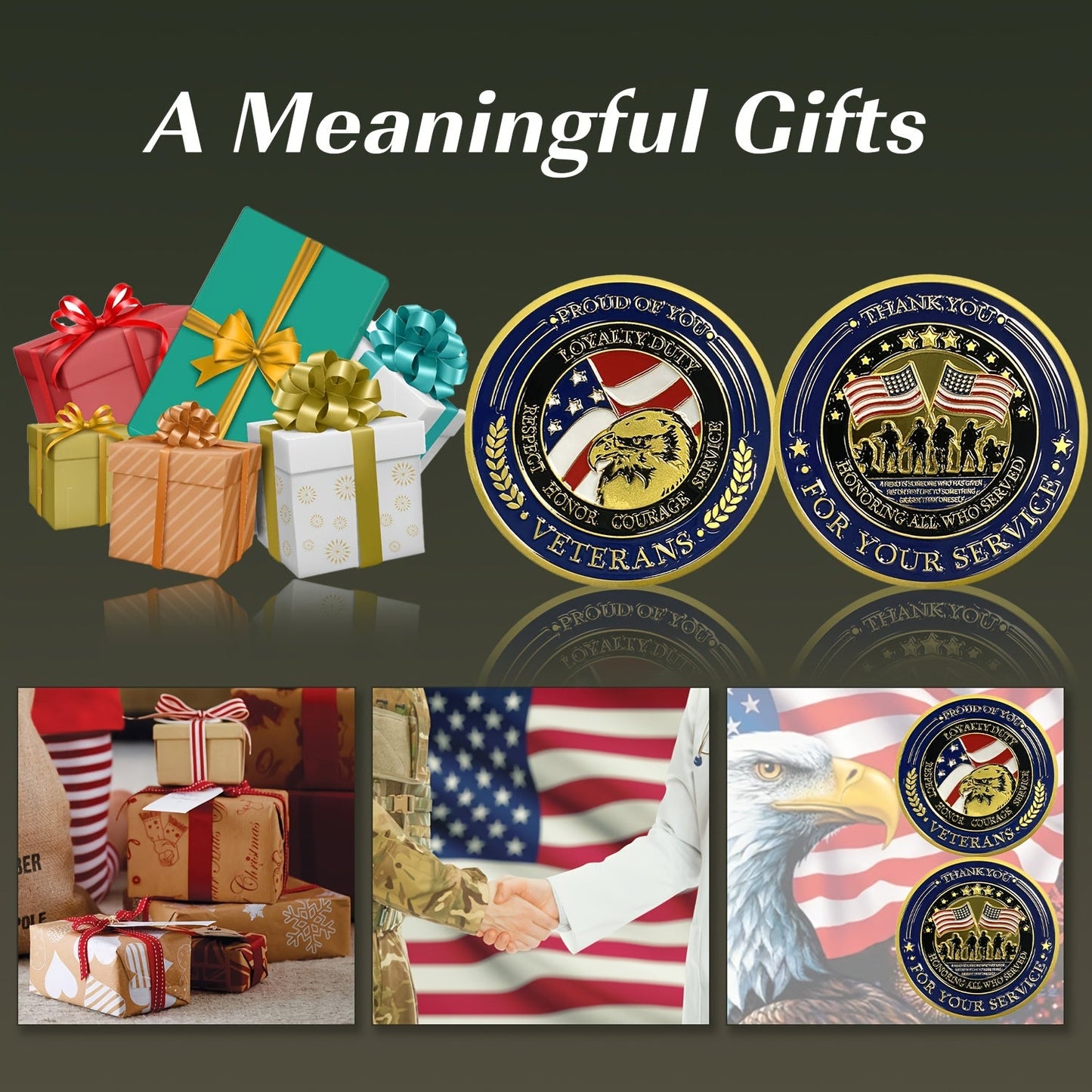 Bulk Patriotic Thank You for Your Service Challenge Coins - 1.57 Inch Golden Solid Metal Commemorative Coins with "Proud of You" & Military Service Design, Navy Blue & Golden Stars, Laurel Branches - Memorial Day, Independenc WardBoyzPROShop