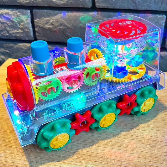 Transparent Small Train Head Gear Linkage Standing Rotating Toy Light Music Driving Christmas Holiday Toy Gift