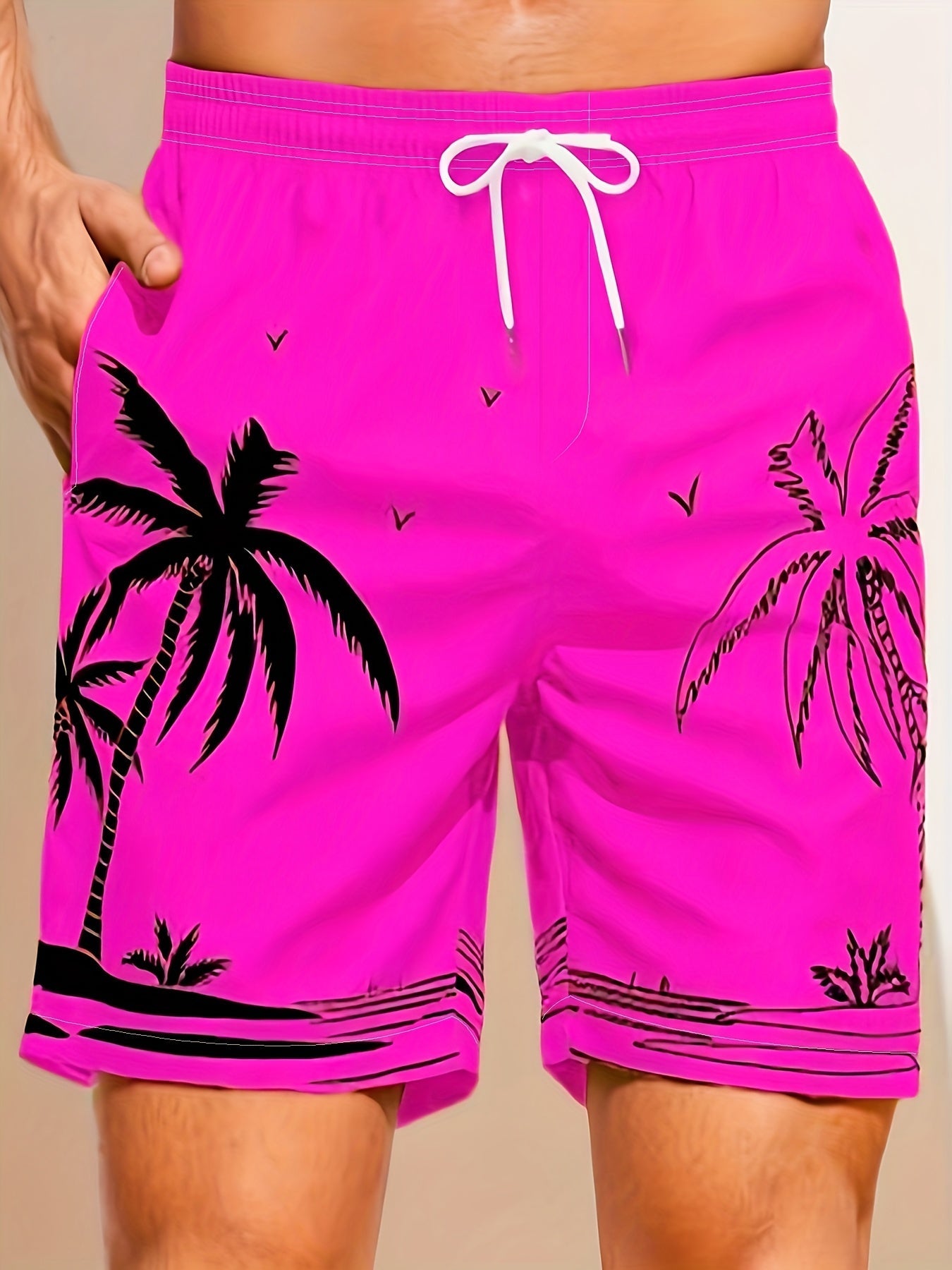 Quick Drying Mesh Lining Comfortable Breathable Palm Tree Pattern Drawstring Swim Trunks With 2 Pockets, Men's Pants Swimwear For Summer Vacation Resort Beach Pool WardBoyzPROShop