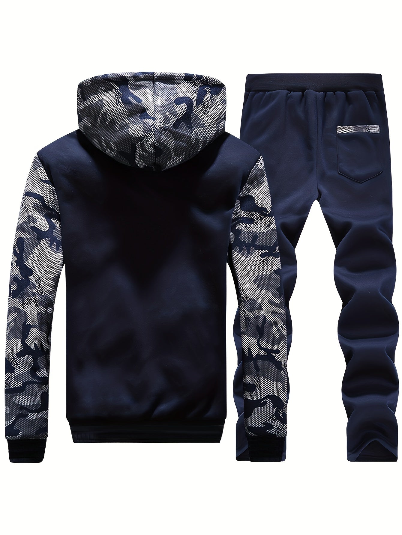 2 Pieces Men's Thermal Fleece-Lined Camo Zipper Hooded Jacket & Drawstring Pants Set for Autumn and Winter Daily Wear