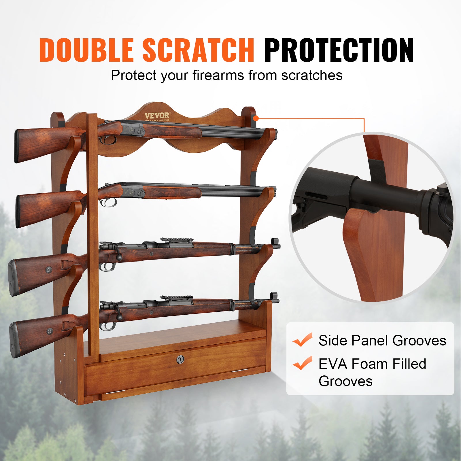 VEVOE Gun Rack, Wood Gun Rack Wall Mount, Gun Display Rack Holds 4 Rifles, Shotguns, 132 lb Heavy Duty Wall Storage Display Rifle Rack with Soft Padding - WardBoyzPROShop