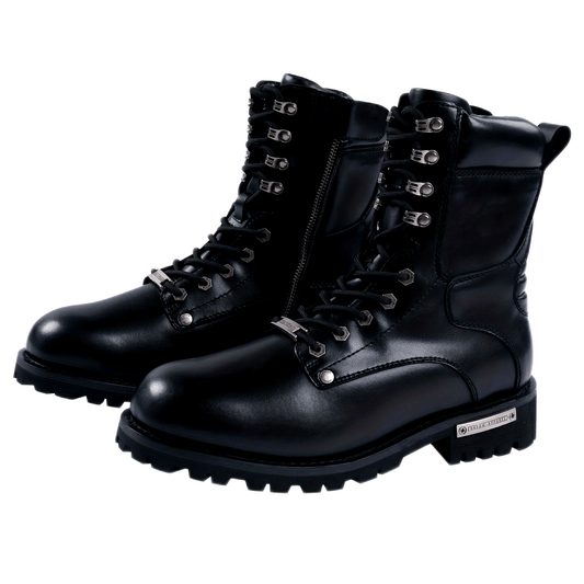 Black Faux PU Leather Motorcycle Boots with Side Zipper, Lace Up Ankle Booties, Low Heel Military Combat Boots for Riding Biker