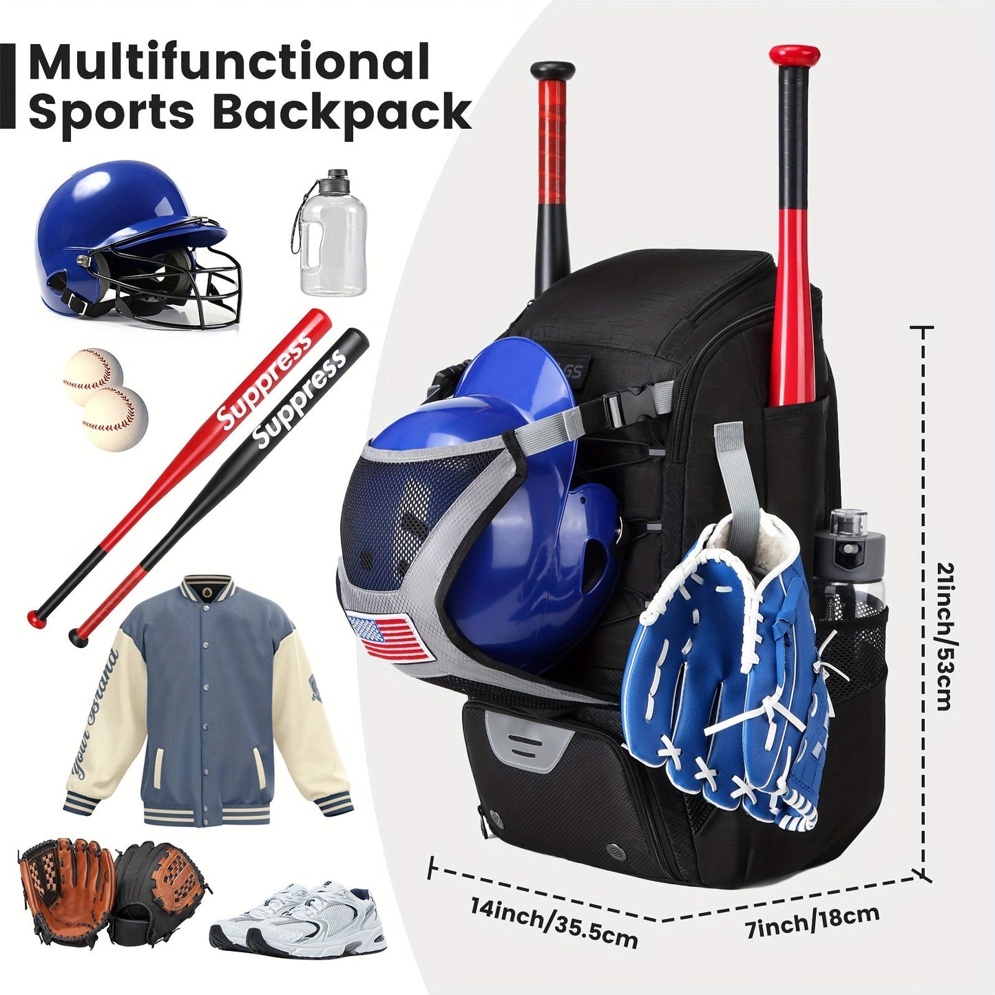 Large Capacity Baseball Backpack Softball Bag, External Helmet Holder And Fence Hook Baseball Backpack, With Shoes Compartment, - Holds Bats, Helmets, Gloves, Hats, Clothes, And Shoes For Baseball And Softball Players WardBoyzPROShop