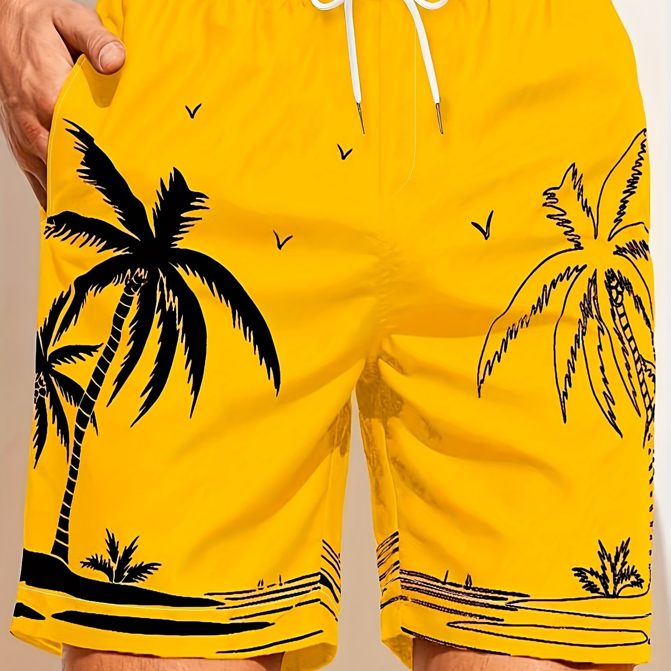 Quick Drying Mesh Lining Comfortable Breathable Palm Tree Pattern Drawstring Swim Trunks With 2 Pockets, Men's Pants Swimwear For Summer Vacation Resort Beach Pool WardBoyzPROShop