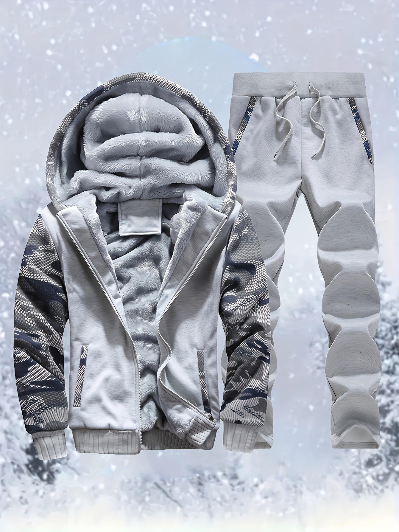 2 Pieces Men's Thermal Fleece-Lined Camo Zipper Hooded Jacket & Drawstring Pants Set for Autumn and Winter Daily Wear