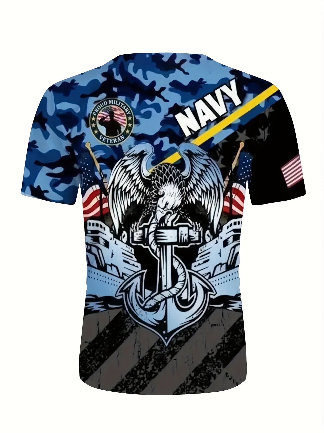 Men's Casual Camouflage T-Shirt - Patriotic Navy Eagle Graphic Tee, Short Sleeve, Crew Neck, Military Inspired Streetwear - Blue Camo Print - For Men - Suitable for Casual Wear - Perfect Gift for Fathers Day WardBoyzPROShop