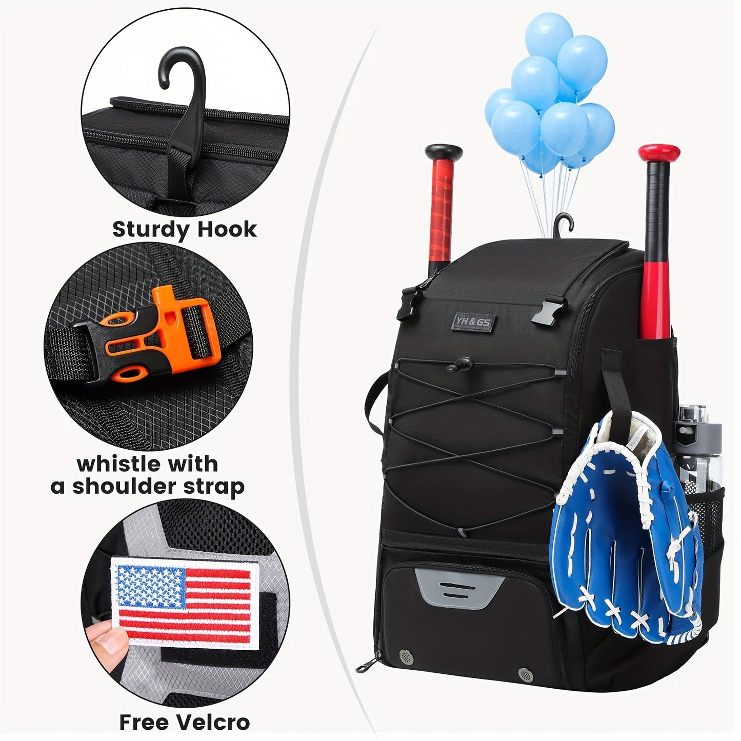 Large Capacity Baseball Backpack Softball Bag, External Helmet Holder And Fence Hook Baseball Backpack, With Shoes Compartment, - Holds Bats, Helmets, Gloves, Hats, Clothes, And Shoes For Baseball And Softball Players WardBoyzPROShop