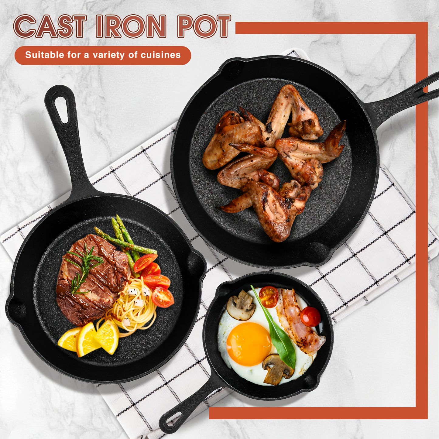 Cast Iron Skillet 3 Piece Set, Cast Iron Skillet, Frying Pan, Wok, Cast Iron Set (Black)