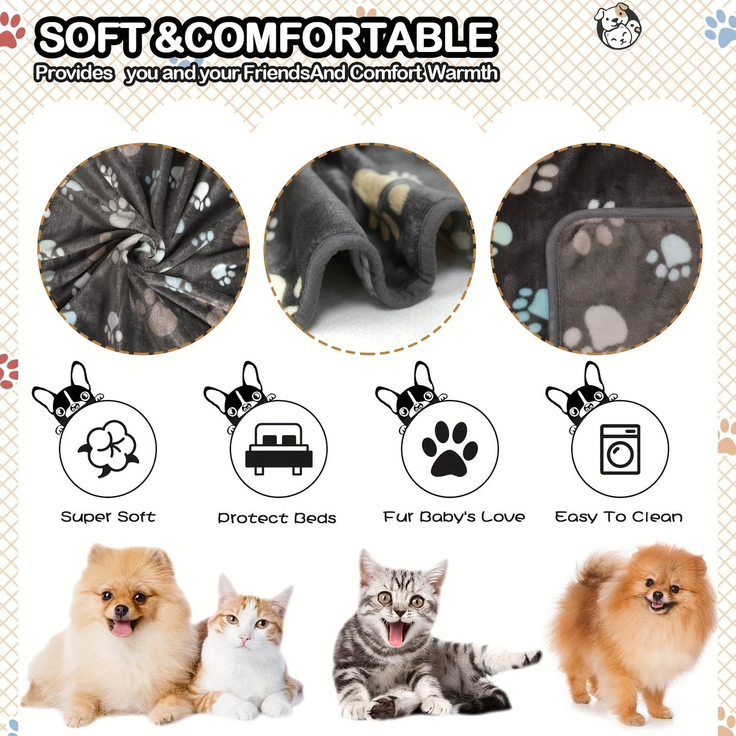 1pc Washable Flannel Paw Print Dog Blanket, Soft Pet Mat Cover for Dog Nest Cage Bed WardBoyzPROShop