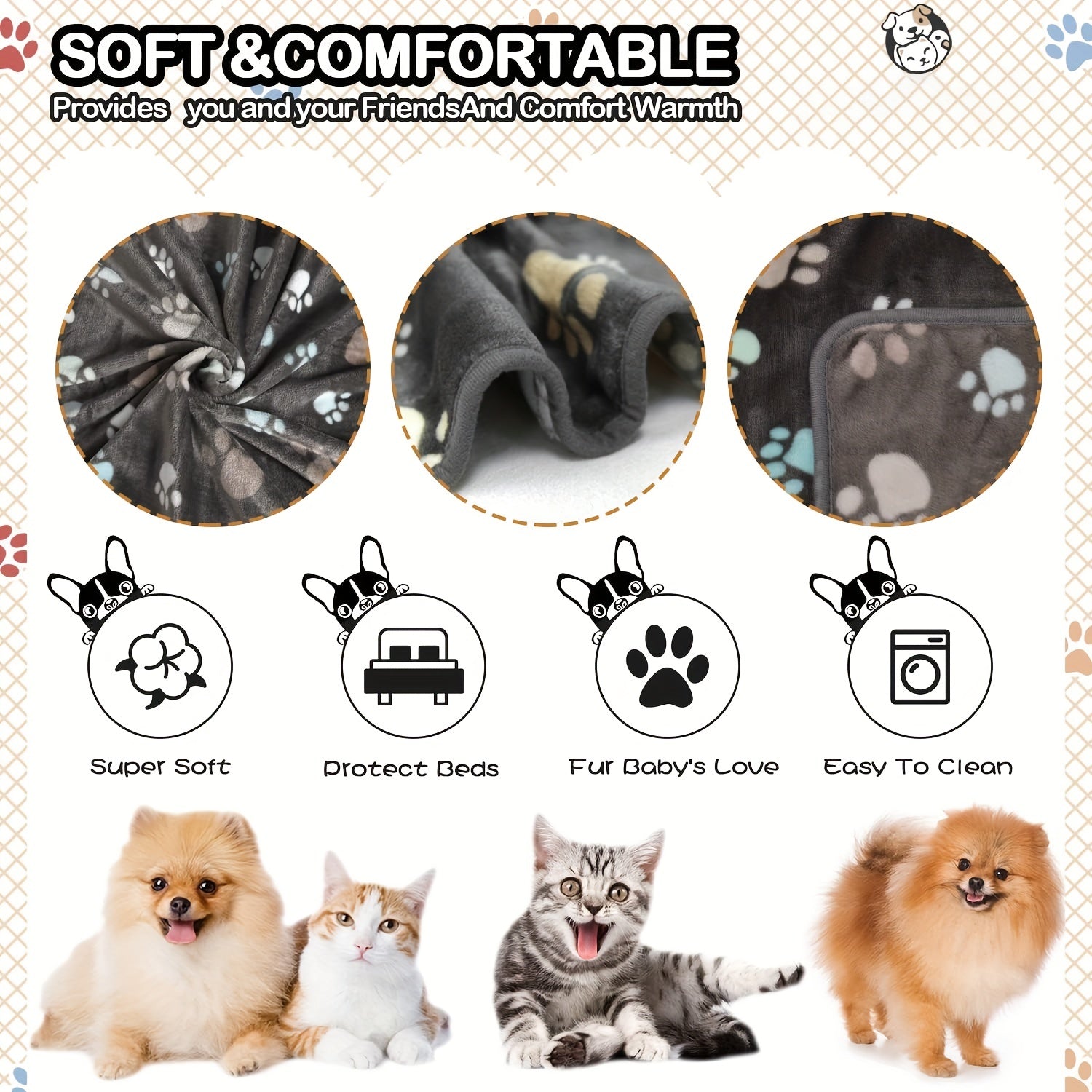 1pc Washable Flannel Paw Print Dog Blanket, Soft Pet Mat Cover for Dog Nest Cage Bed WardBoyzPROShop