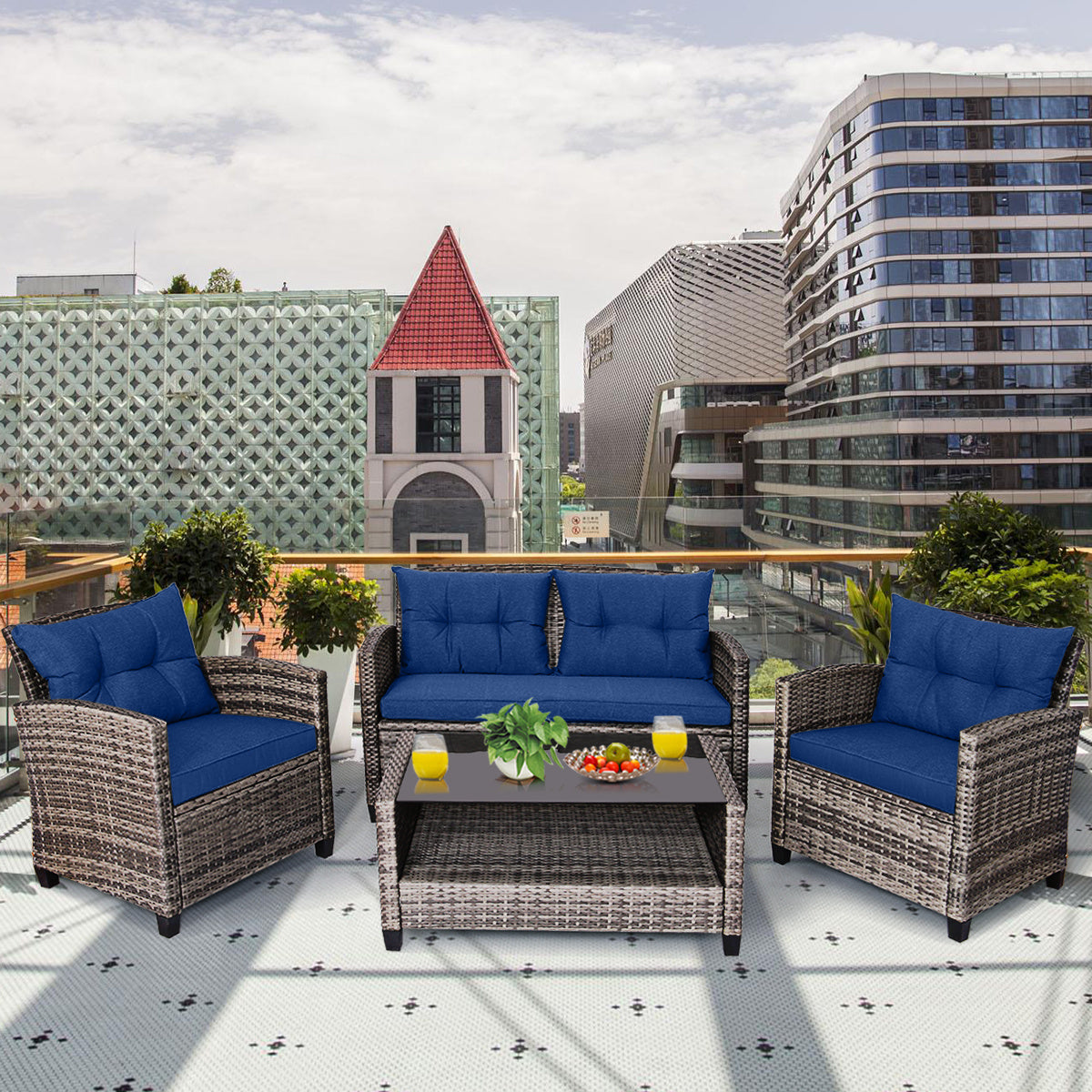 SAFSTAR 4 PCS Patio Rattan Furniture Set Coffee Table Cushioned Sofa Garden Lawn Navy WardBoyzPROShop