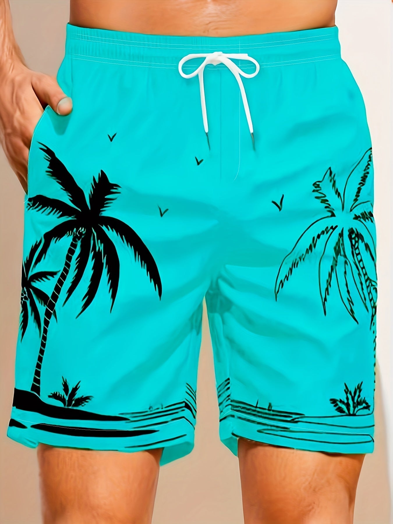 Quick Drying Mesh Lining Comfortable Breathable Palm Tree Pattern Drawstring Swim Trunks With 2 Pockets, Men's Pants Swimwear For Summer Vacation Resort Beach Pool WardBoyzPROShop