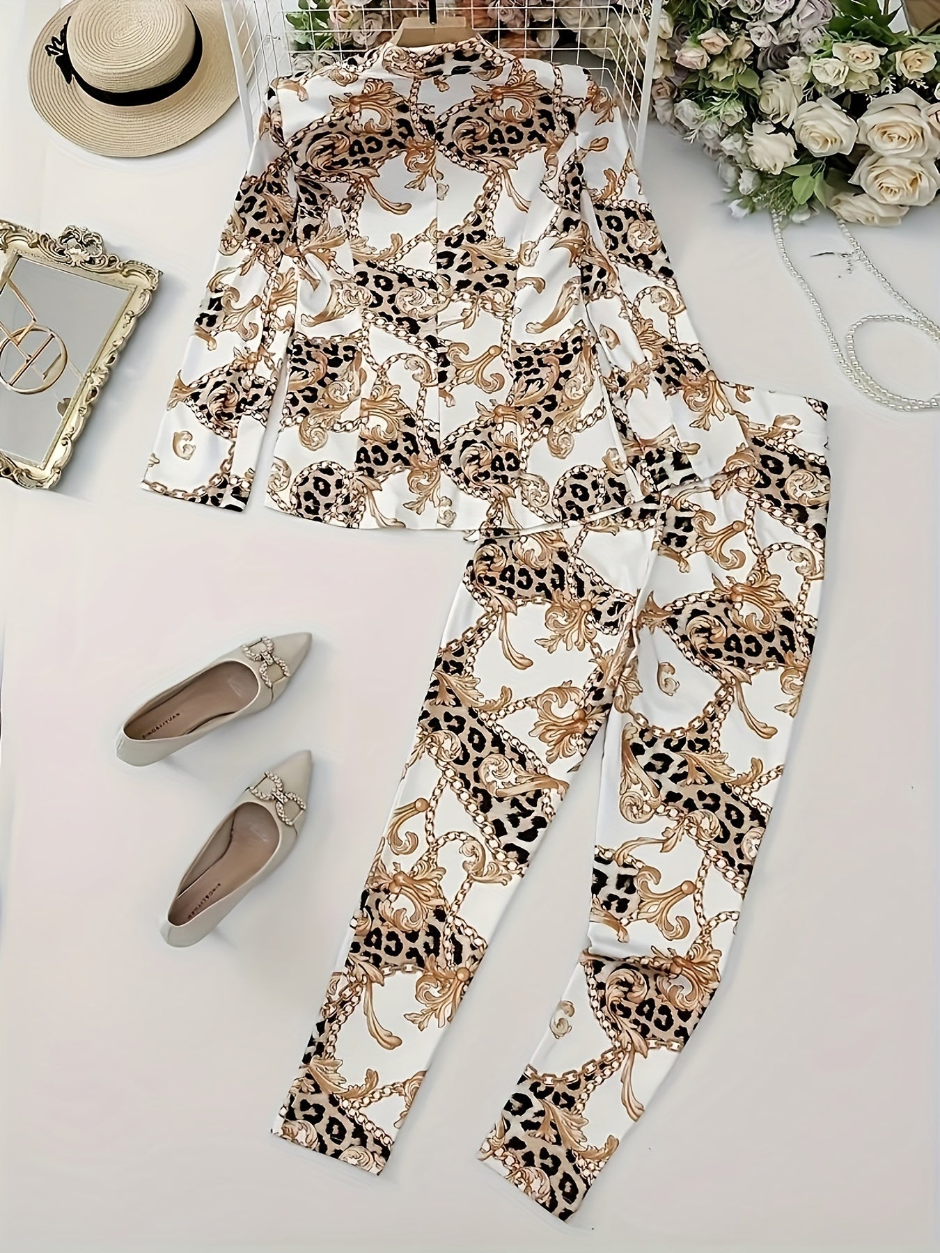 Chain Printed Leopard Print Casual Two-piece Set, Double Breasted Lapel Long Sleeved Suit Jacket And High Waisted Casual Pants, New Autumn Women's Clothing