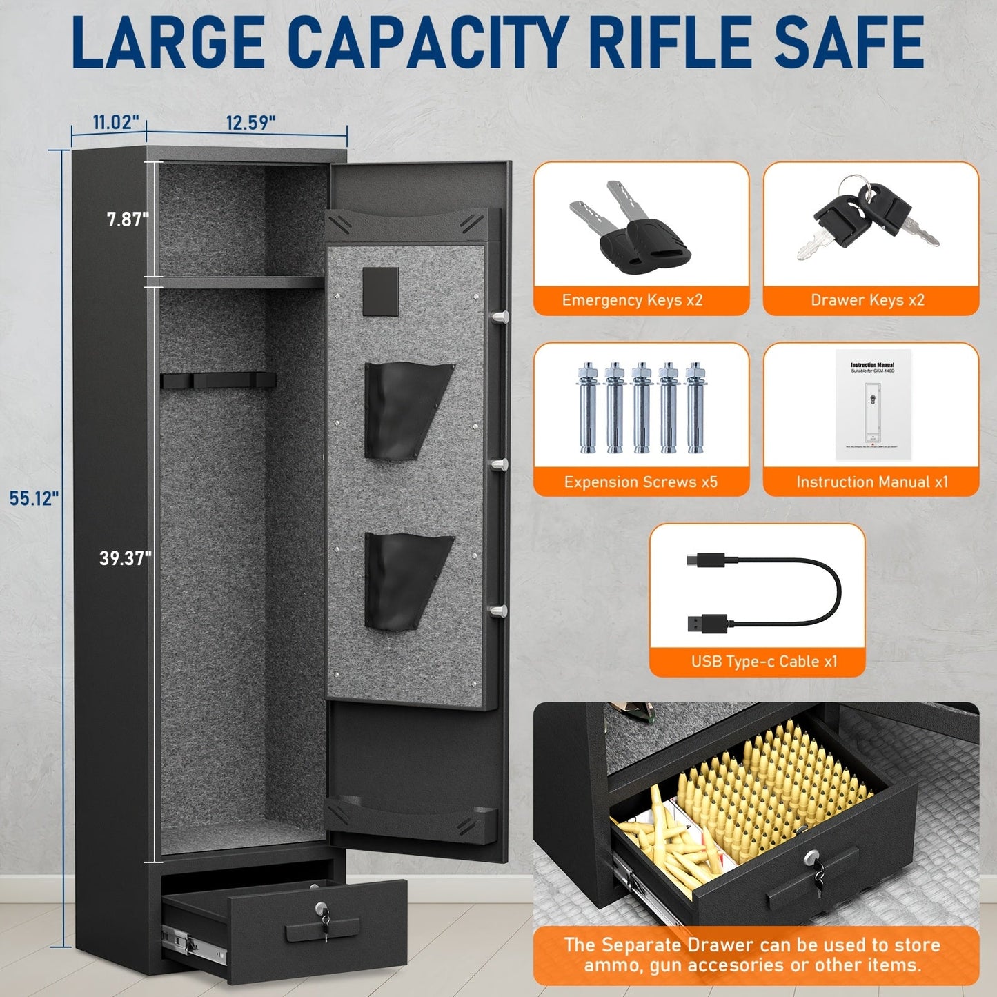 Kavey 4-5 Firearm Safe Cabinet, Security Safe for Rifles and Shotguns, with Combination Lock, LED Interior Lighting, Quick Access Drawer, and Removable Shelves, for Home - Non-Waterproof, Dry Battery Powered (Battery Not Incl WardBoyzPROShop