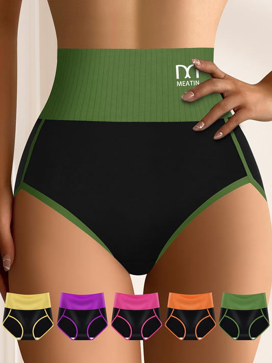 QUASTI 5 Pieces Women's Clashing Stripes Breathable Comfort Fit Women's High Waisted Panties Elastic Soft Hip Wrap High Waisted Thigh Panties And Women's High Waisted Sports Fashion Panties