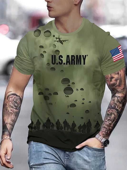Polyester 3D Printed Men's Casual T-Shirt with American Flag Patch - U.S. Army Themed, Round Neck, Regular Fit WardBoyzPROShop